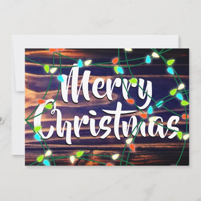 Personalised Christmas Lights on Woodgrain Holiday Card (Front)