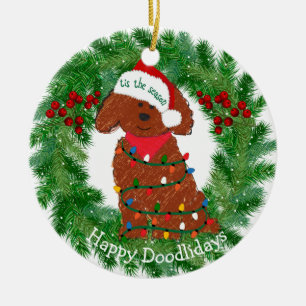 Personalised Christmas Lights Red Goldendoodle Ceramic Ornament