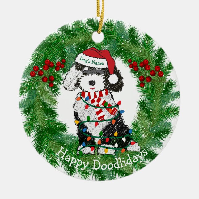 Personalised Christmas Lights Sheepadoodle Ceramic Ornament (Front)