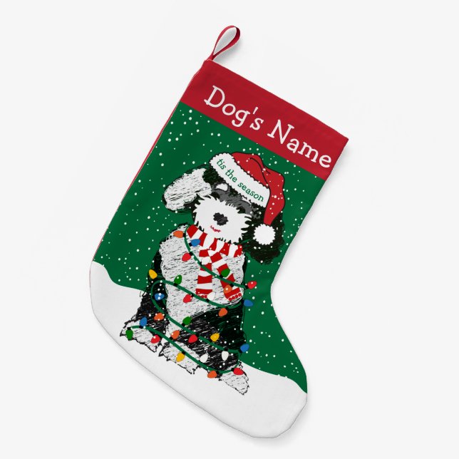 Personalised Christmas Lights Sheepadoodle Small Christmas Stocking (Front (Hanging))