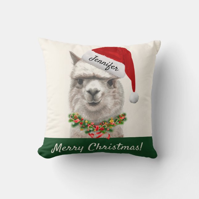 Personalised Christmas Llama Smiles Throw Pillow (Front)