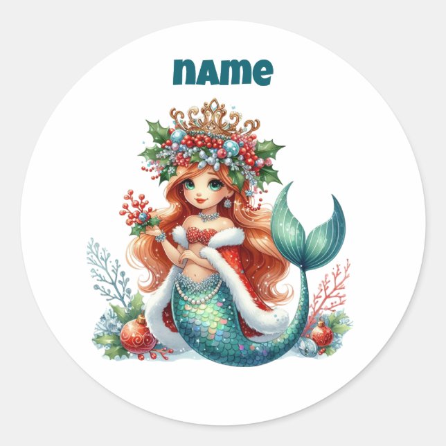 Personalised Christmas Mermaid Circular Sticker (Front)