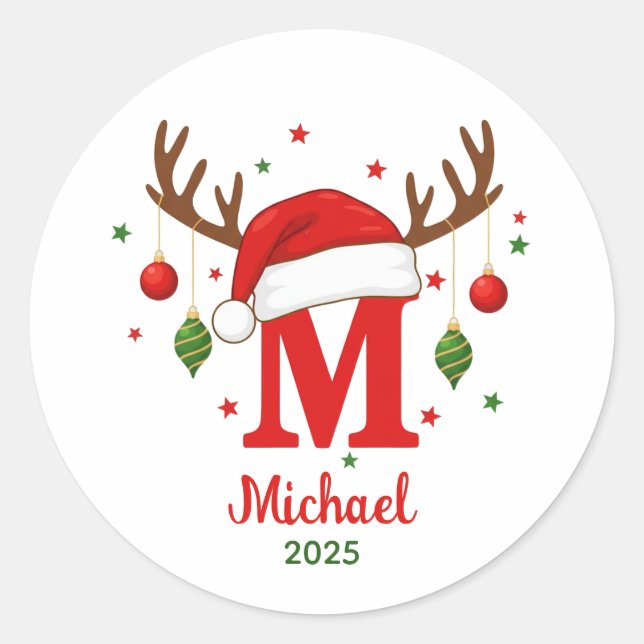 Personalised Christmas Monogram M Santa Hat Classic Round Sticker (Front)
