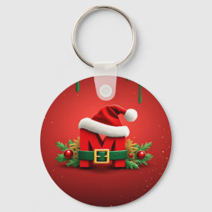 Personalised Christmas Monogram M with Santa Hat  Key Ring