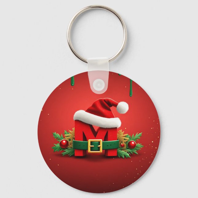 Personalised Christmas Monogram M with Santa Hat  Key Ring (Front)
