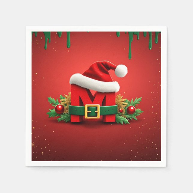 Personalised Christmas Monogram M with Santa Hat  Napkin (Front)