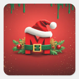 Personalised Christmas Monogram M with Santa Hat Square Sticker