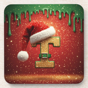 Personalised Christmas Monogram T with Santa Hat Coaster