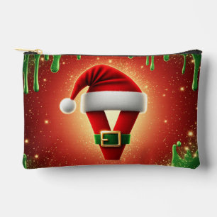 Personalised Christmas Monogram V with Santa Hat Accessory Pouch