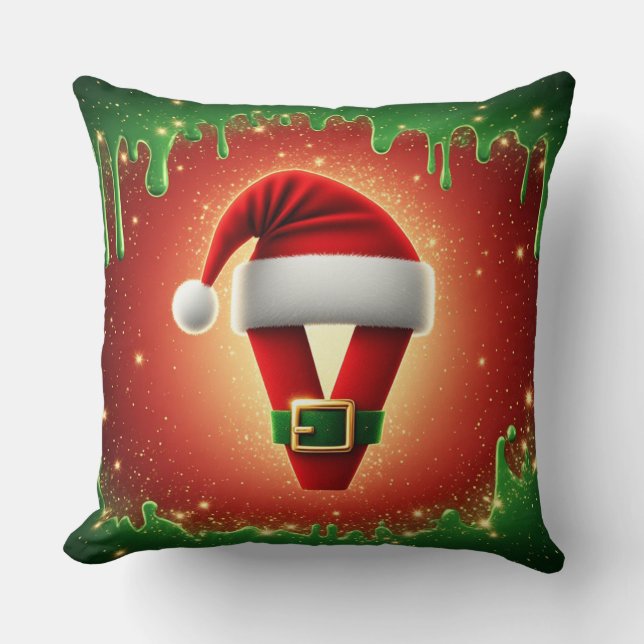 Personalised Christmas Monogram V with Santa Hat Cushion (Front)