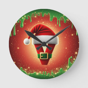 Personalised Christmas Monogram V with Santa Hat Round Clock