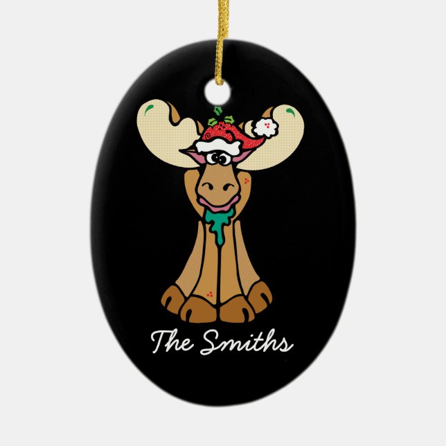 Personalised Christmas Moose Cartoon Ceramic Tree Decoration (Front)