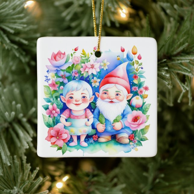 Personalised Christmas Mr and Mrs Clause Gnomes Ceramic Ornament (Tree)