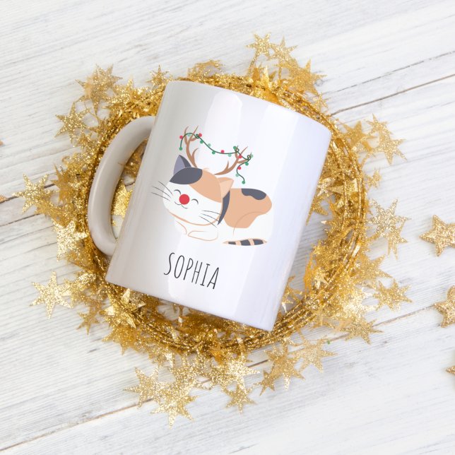 Personalised Christmas Mug, Cat Lover Reindeer Two-Tone Coffee Mug (Creator Uploaded)