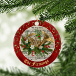 Personalised Christmas Music French Horn Ceramic Ornament<br><div class="desc">Personalise this ornament for yourself or as a gift for a music lover. The French horn in the centre is decorated for Christmas with pine sprigs, holly leaves, red berries, and flowers, with a background of a vintage sheet music Christmas carol. Around the edge is simulated red metallic with gold...</div>