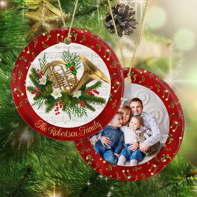 Personalised Christmas Music French Horn Photo Ceramic Ornament (Creator Uploaded)