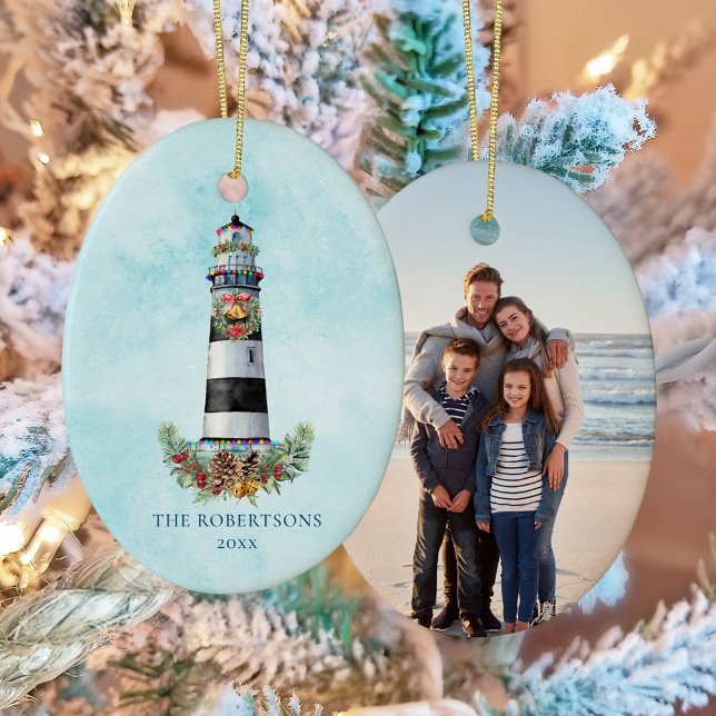 Personalised Christmas Nautical Lighthouse Photo Ceramic Ornament (Creator Uploaded)