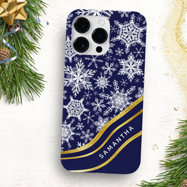 Personalised Christmas Navy Blue Gold Snowflakes Case-Mate iPhone Case (Creator Uploaded)