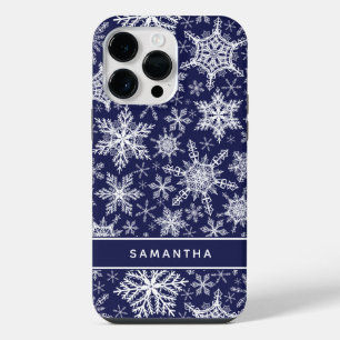 Personalised Christmas Navy Blue White Snowflakes iPhone 14 Pro Max Case