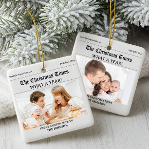 Personalised Christmas Newspaper Double Photo Ceramic Ornament