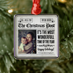 Personalised Christmas Newspaper Photo Metal Ornament