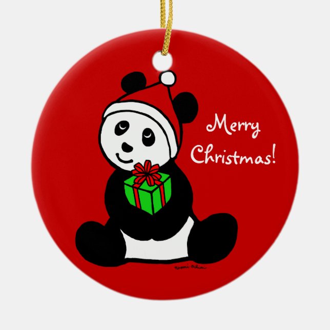 Personalised Christmas Panda Santa Hat Ceramic Ornament (Front)