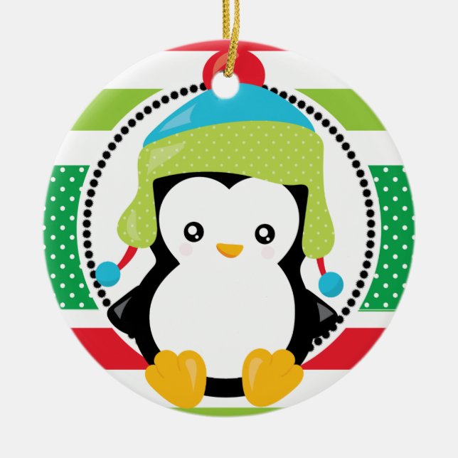 Personalised Christmas Penguin Snowy Days Holiday Ceramic Ornament (Front)