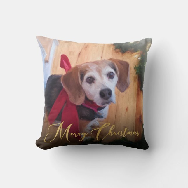Personalised Christmas Pet Photo Gold Script Cushion (Front)