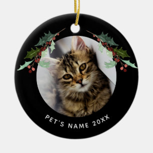 Personalised Christmas Pet Photo Holly on Black Ceramic Ornament