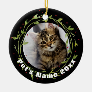 Personalised Christmas Pet Photo Wreath on Black Ceramic Ornament