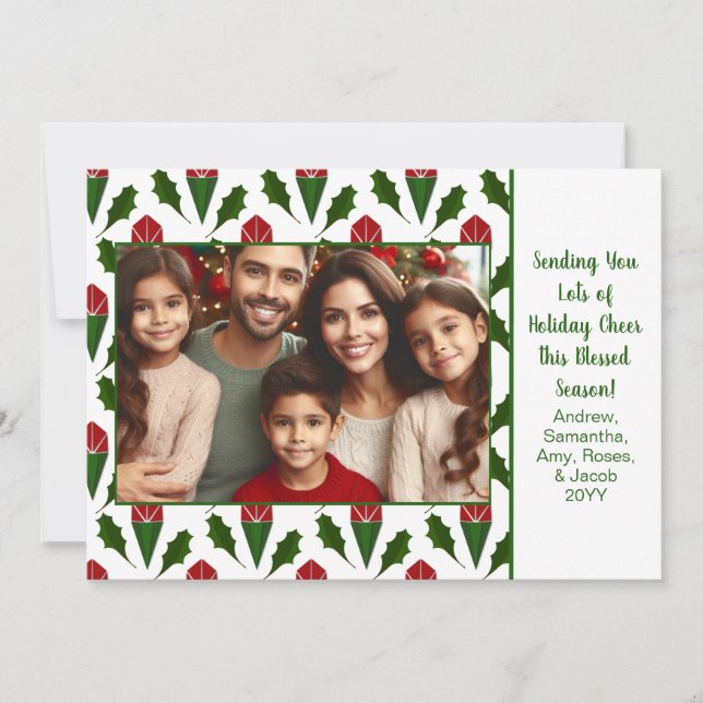 Personalised Christmas Photo Red Roses & Holly Art Holiday Card (Front)