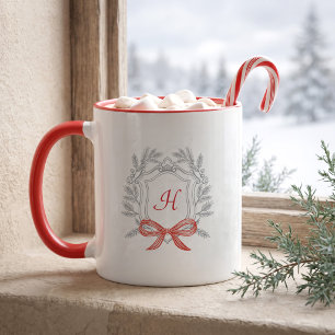 Personalised Christmas Pine Crest Monogram Red Bow Mug