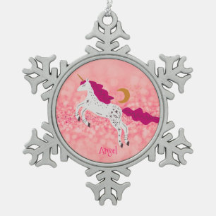 Personalised Christmas Pink Glitter Unicorn Snowflake Pewter Christmas Ornament