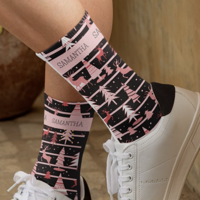 Personalised Christmas Pink Holiday Tree Reindeer  Socks (Creator Uploaded)