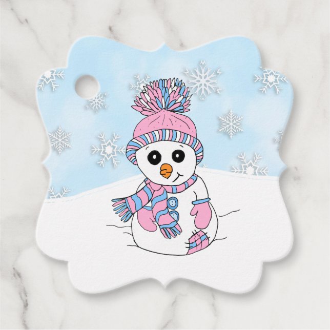 Personalised Christmas Pink Snowman Favour Tags (Front)