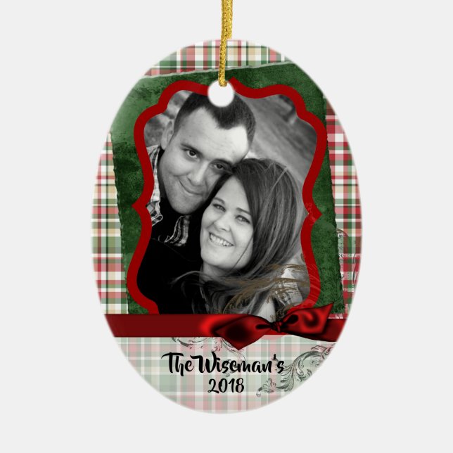 Personalised Christmas Plaid Bear PHOTO Ornament (Front)