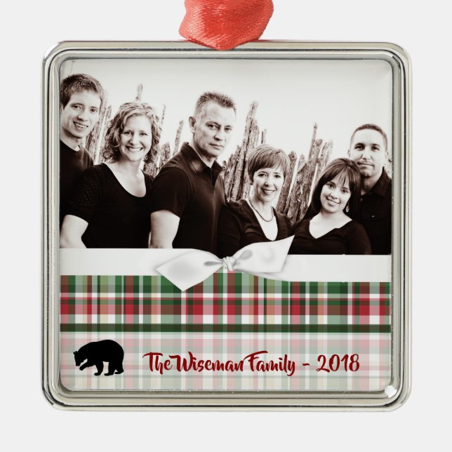 Personalised Christmas Plaid Bear PHOTO Ornament (Front)