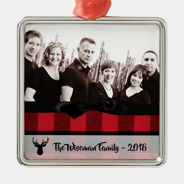 Personalised Christmas Plaid Deer PHOTO Ornament (Front)