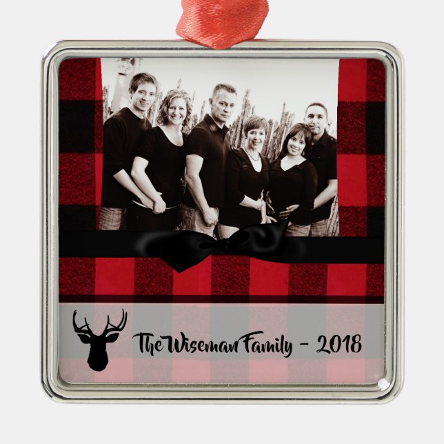 Personalised Christmas Plaid Deer PHOTO Ornament (Front)
