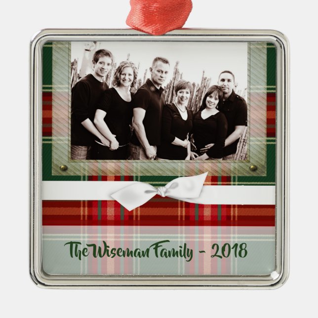 Personalised Christmas Plaid Tartan PHOTO Ornament (Front)