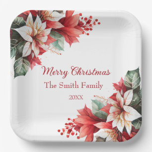 Personalised Christmas Poinsettia Flowers Paper Plate