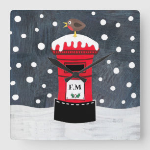 Personalised Christmas Post Box & Robin Square Wall Clock