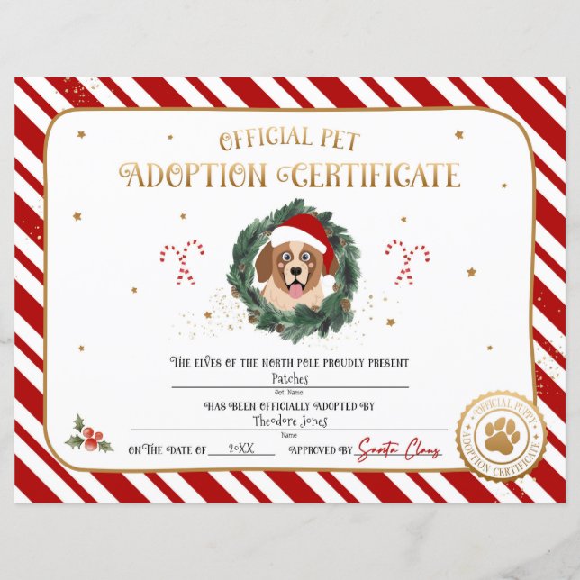 Personalised Christmas Puppy Adoption Certificate (Front)