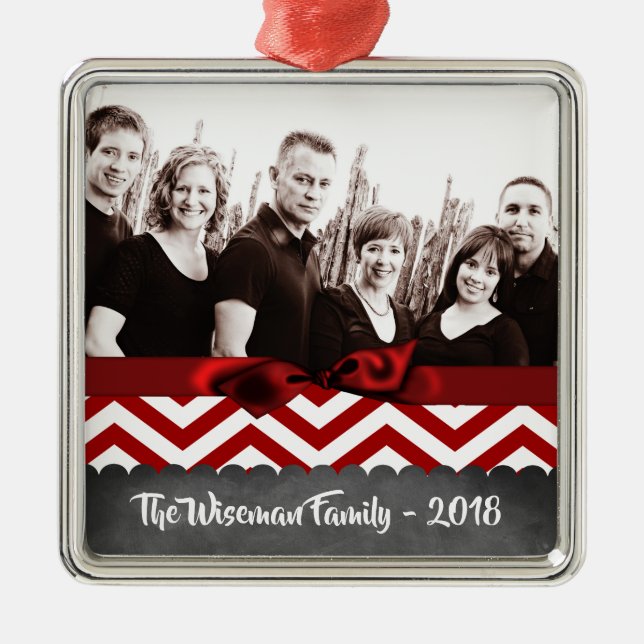 Personalised Christmas Red Chevron PHOTO Ornament (Front)