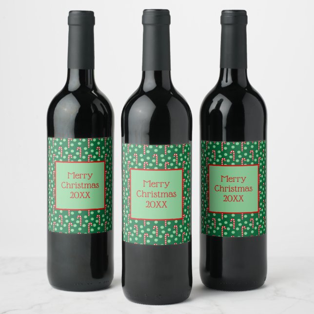 Personalised Christmas Red Green Candy Canes  Wine Label (Bottles)