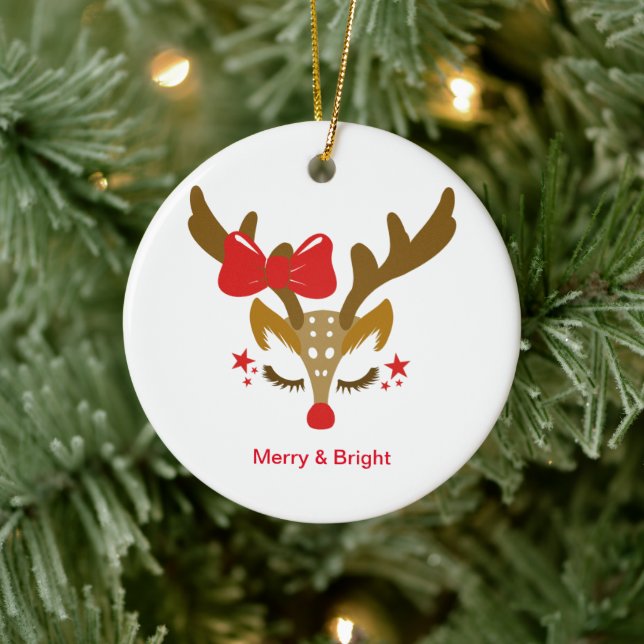 Personalised Christmas Reindeer Face Ceramic Ornament (Tree)