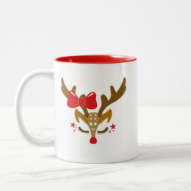Personalised Christmas Reindeer Face Two-Tone Coffee Mug (Left)