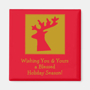 Personalised Christmas Reindeer Head Gold Red Magnet