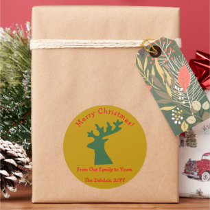Personalised Christmas Reindeer Head Green & Gold Classic Round Sticker