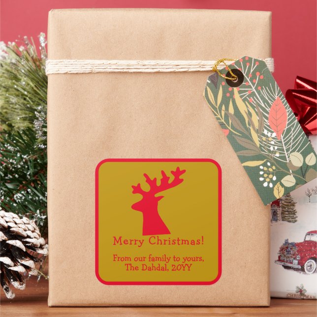 Personalised Christmas Reindeer Head Red and Gold  Square Sticker (Holiday)
